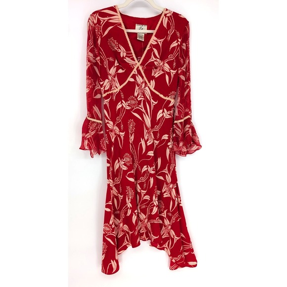VTG 90s Y2K Red Silk Babydoll Boho Whimsigoth Beaded Bias Cut Chiffon Midi Dress - Picture 7 of 15